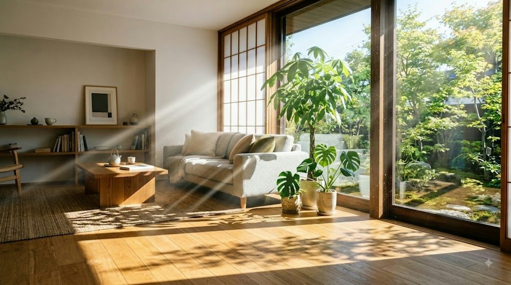 日差しが奥まで差し込んだリビングの風景
