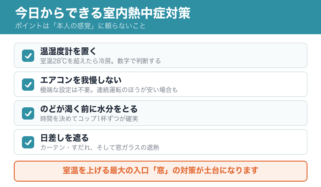 今日からできる室内熱中症対策チェックリスト（温湿度計・エアコン・水分補給・日差しを遮る）