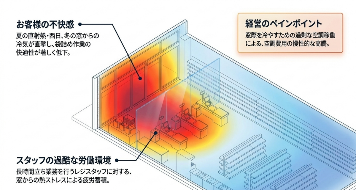 レジ後方の袋詰めスペースが窓からの熱の影響を受けるイメージ図