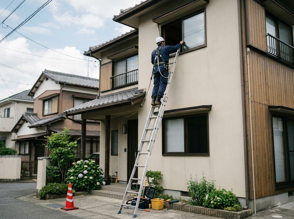 高所の窓の作業に伴う危険性のイメージ
