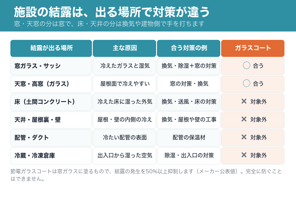 結露が出る場所ごとの主な原因と対策の例。窓ガラス・サッシと天窓・高窓(ガラス)は節電ガラスコートが合う。床・天井・屋根裏・壁・配管・冷蔵冷凍倉庫は対象外