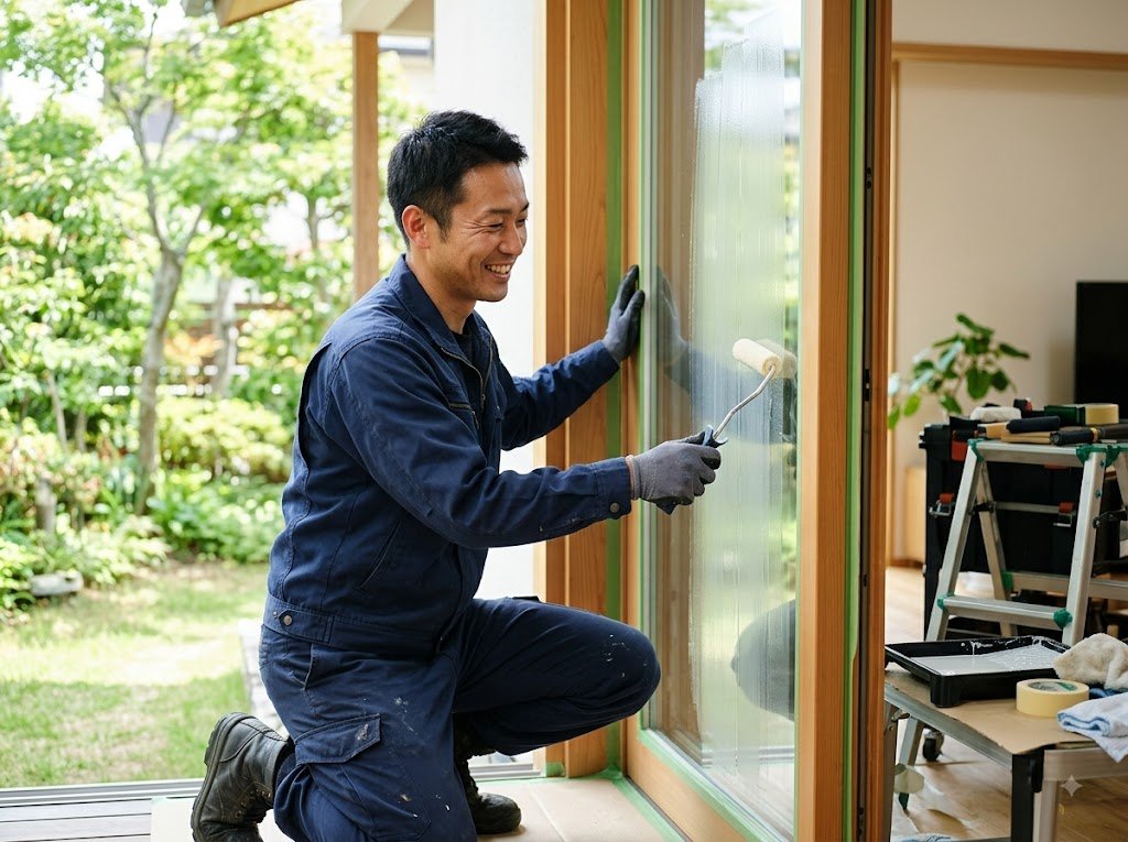 プロによる節電ガラスコート施工の様子