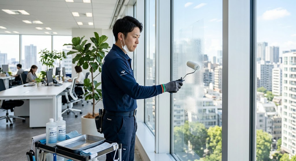節電ガラスコートをローラーで窓ガラスに塗布する施工作業のようす