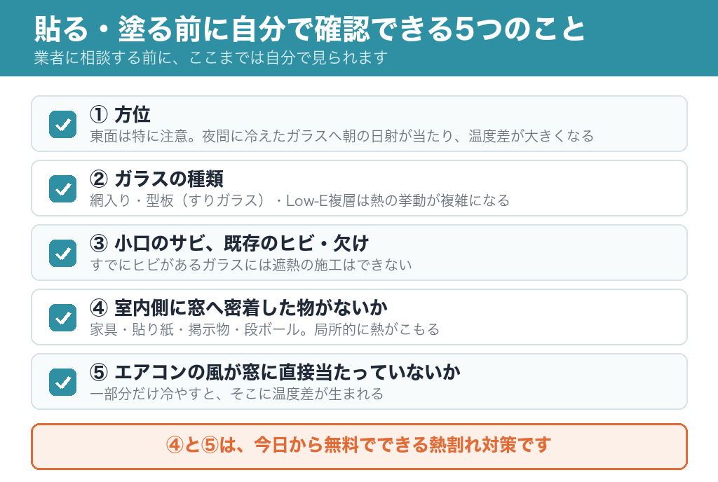 網入りガラスに遮熱の施工をする前に自分で確認できる5つのポイント。方位、ガラスの種類、小口のサビやヒビ、室内側の設置物、エアコンの風