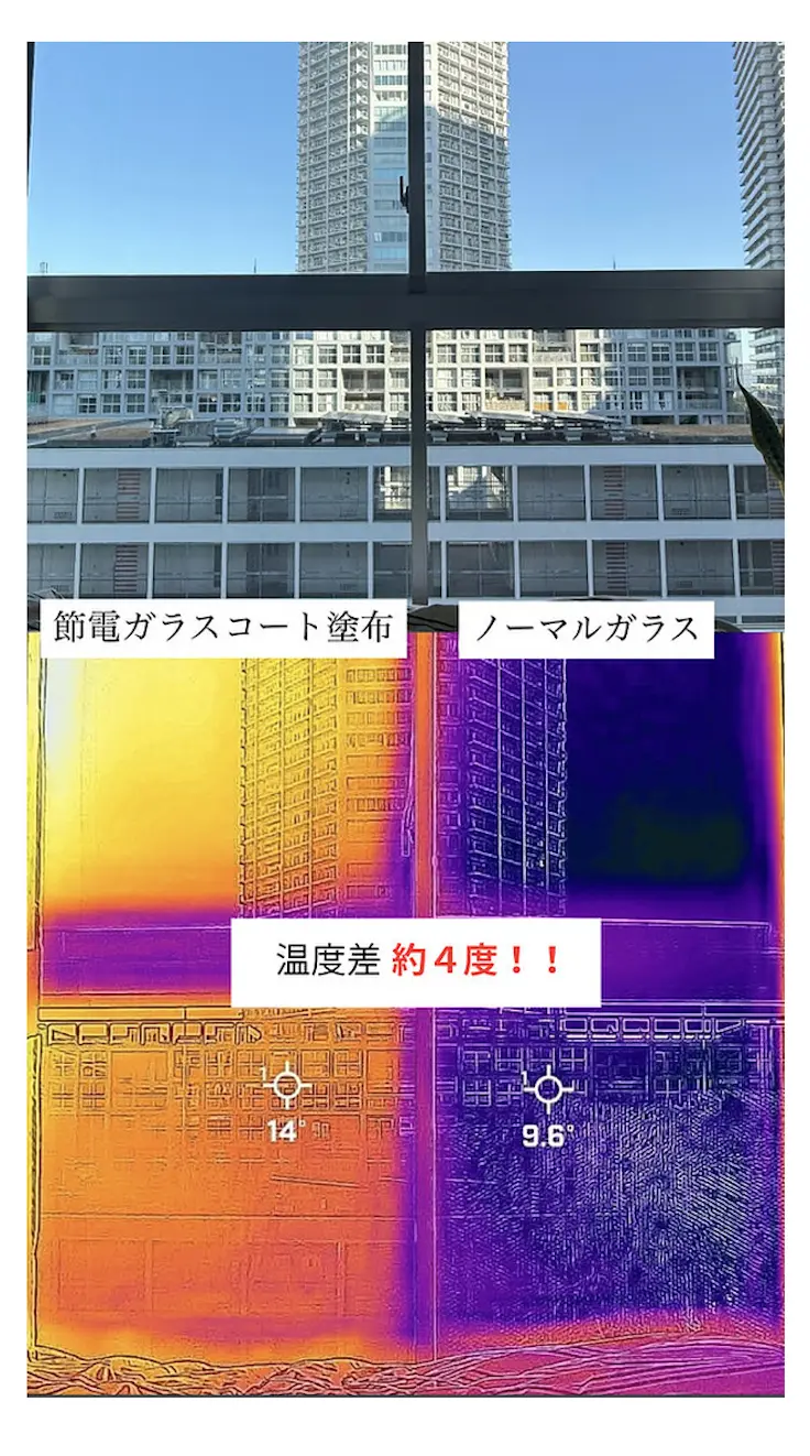 冬場のサーモグラフィ｜施工側と未施工側のガラス表面温度の差