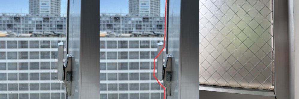 施工例：クレセント部とガラスの縁4㎜の無塗装部