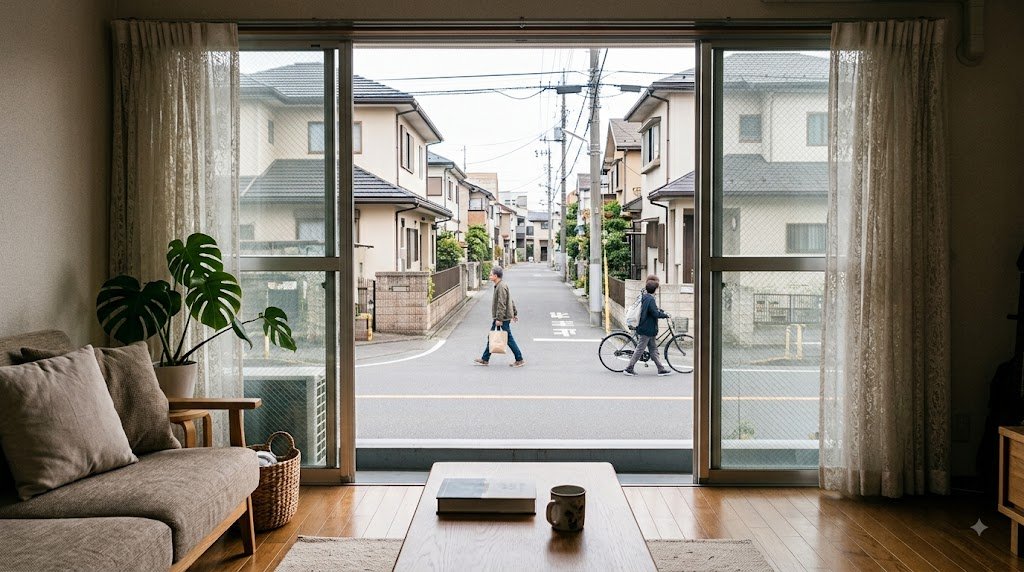 道路に面したリビングの窓と外からの視線のイメージ