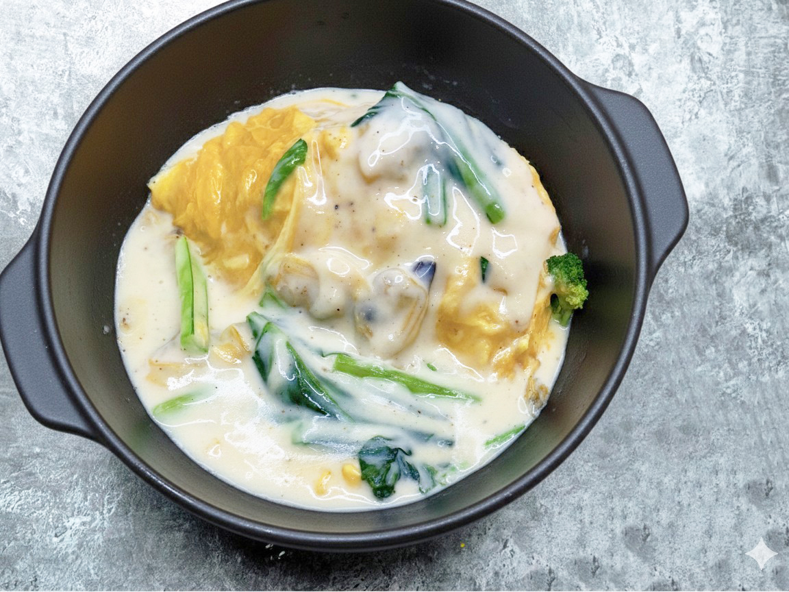 小松菜とアサリのクラムチャウダーオムライス (東京産小松菜使用)