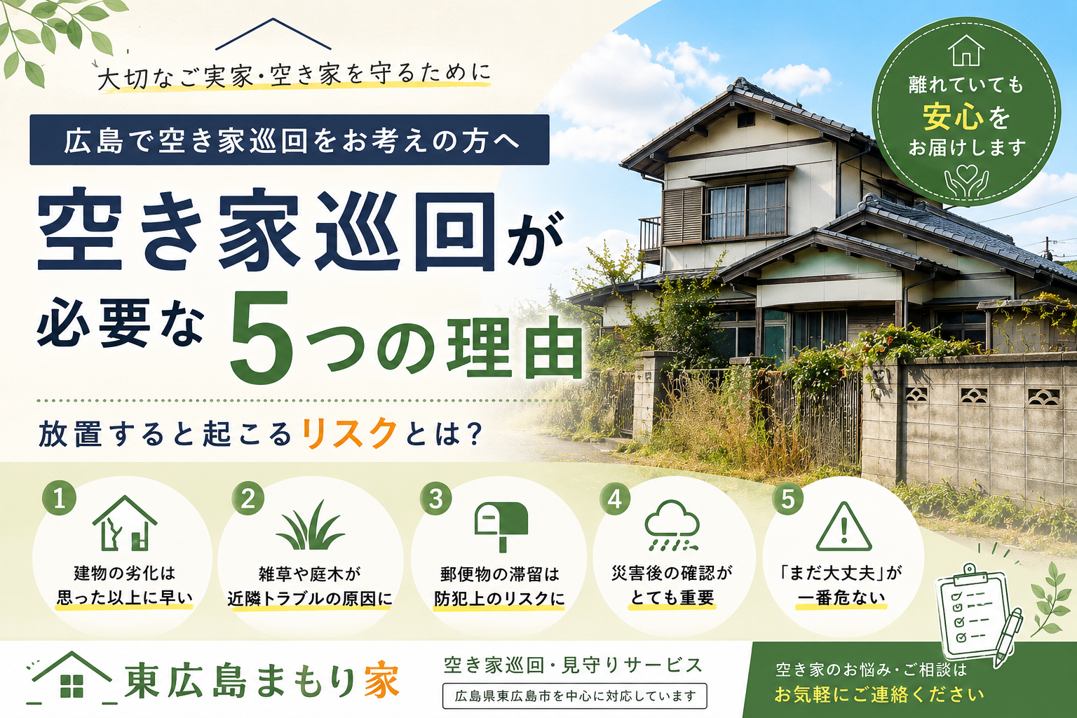 広島で空き家巡回が必要な5つの理由|放置すると起こるリスクとは?