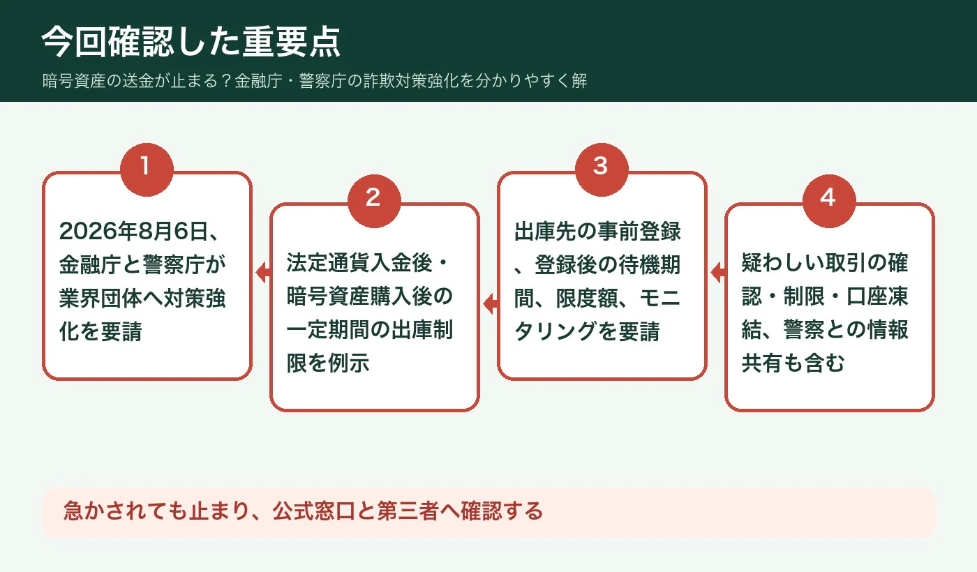 結論:送金が止まっても、まず公式画面で理由を確認の図解