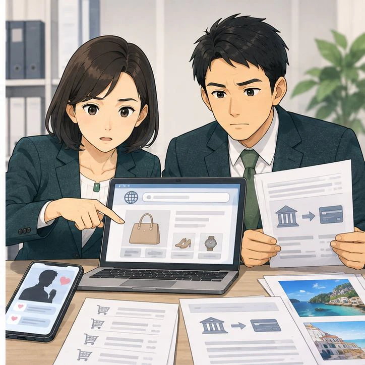 ネットショップ共同運営型ロマンス詐欺の独自解説イラスト