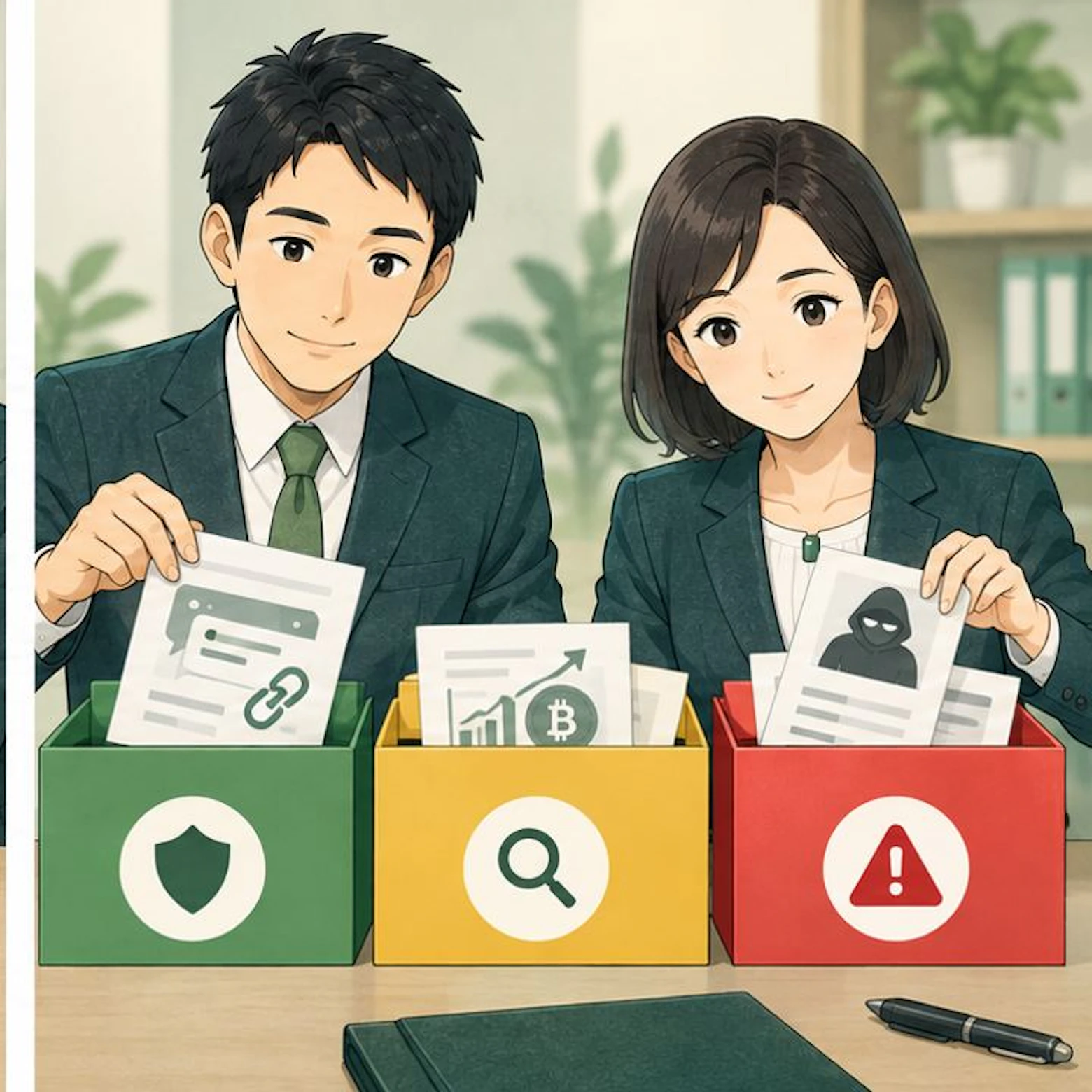危険度別に資料を仕分ける場面