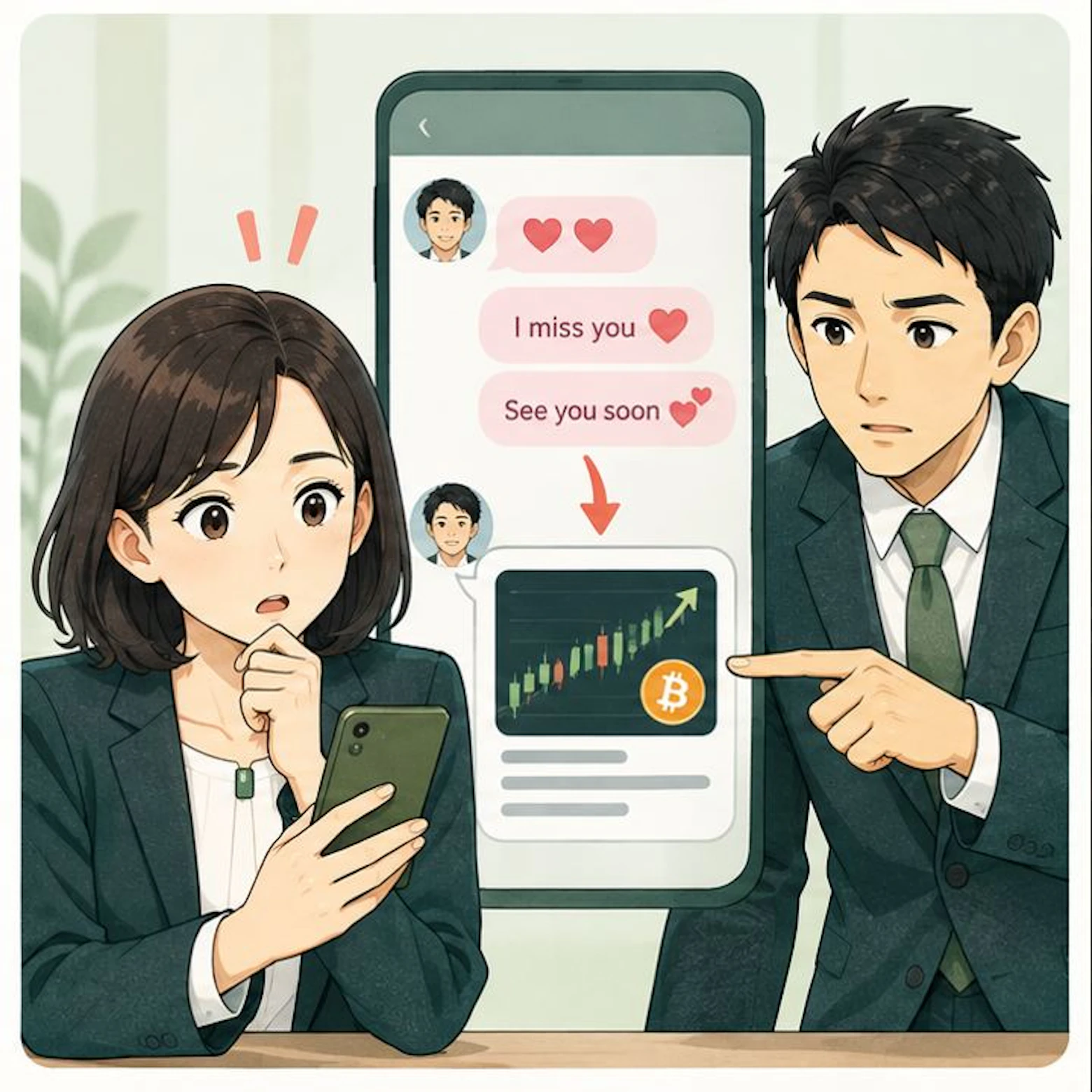 恋愛会話から投資勧誘へ変化する場面