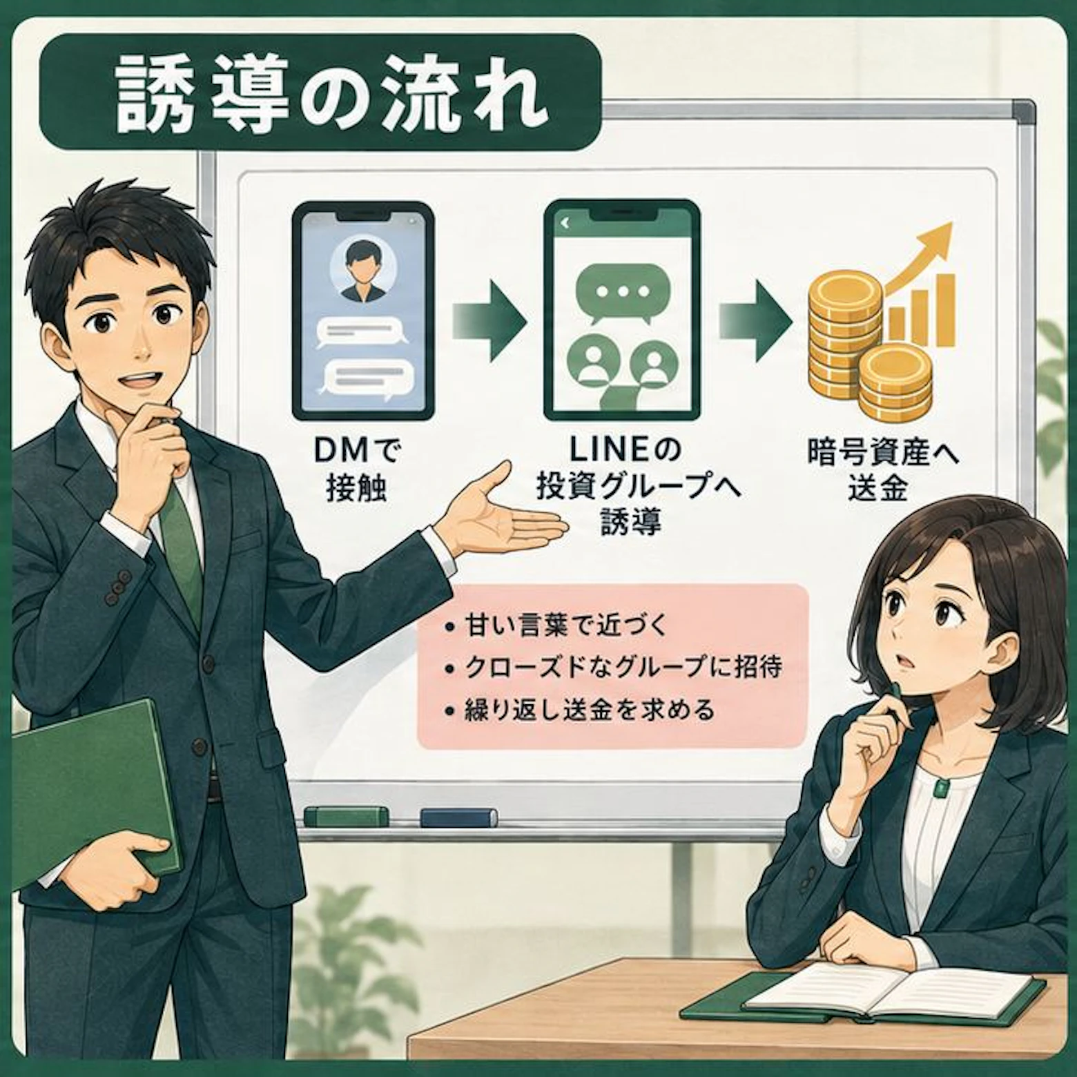Instagram投資詐欺の独自解説イラスト