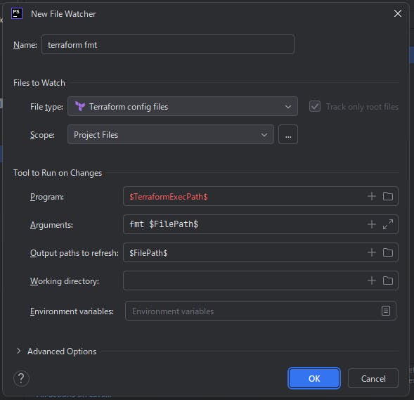 File Watchers terraform fmt 設定前