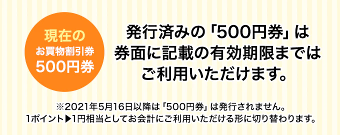 発行済みの「500円券」は券面記載の有効期限まではご利用いただけます。