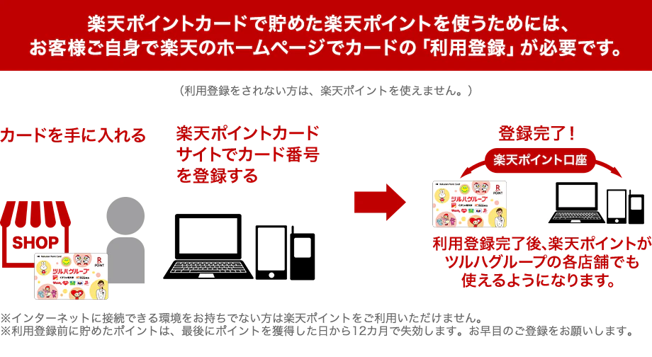 楽天ポイントカードで貯めた楽天ポイントを使うためには、お客様ご自身で楽天のホームページでカードの「利用登録」が必要です。（利用登録をされない方は、楽天ポイントを使えません。）※インターネットに接続できる環境をお持ちでない方は楽天ポイントをご利用いただけません。※利用登録前に貯めたポイントは、最後にポイントを獲得した日から12カ月で失効します。お早目のご登録をお願いします。