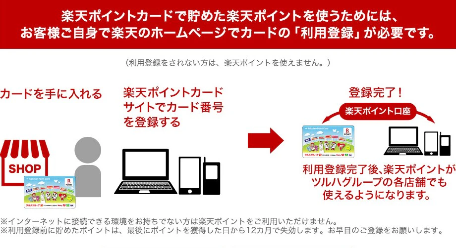 楽天ポイントカードで貯めた楽天ポイントを使うためには、お客様ご自身で楽天のホームページでカードの「利用登録」が必要です。（利用登録をされない方は、楽天ポイントを使えません。）※インターネットに接続できる環境をお持ちでない方は楽天ポイントをご利用いただけません。※利用登録前に貯めたポイントは、最後にポイントを獲得した日から12カ月で失効します。お早目のご登録をお願いします。