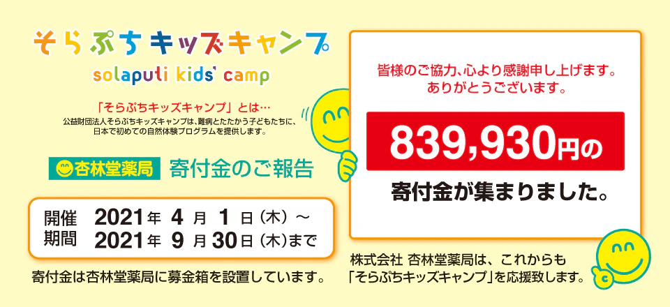 2021年4月1日（木）〜2021年9月30日（木）の期間中「そらぷちキッズキャンプ」に『839,930円』の寄付金が集まりました。