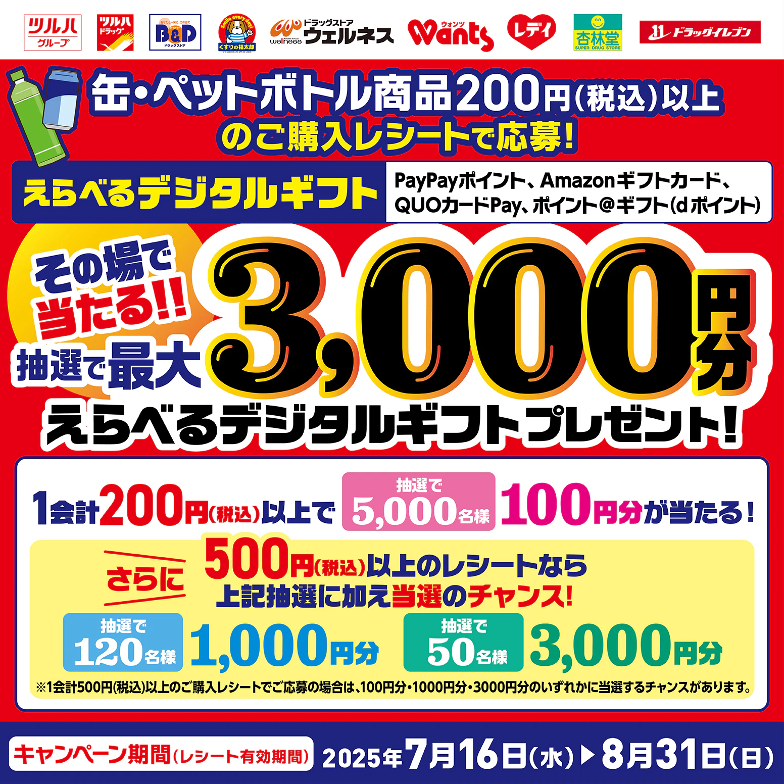 夏の飲料祭り(缶・ペットボトル）えらべるPayその場で当たるのサムネイル
