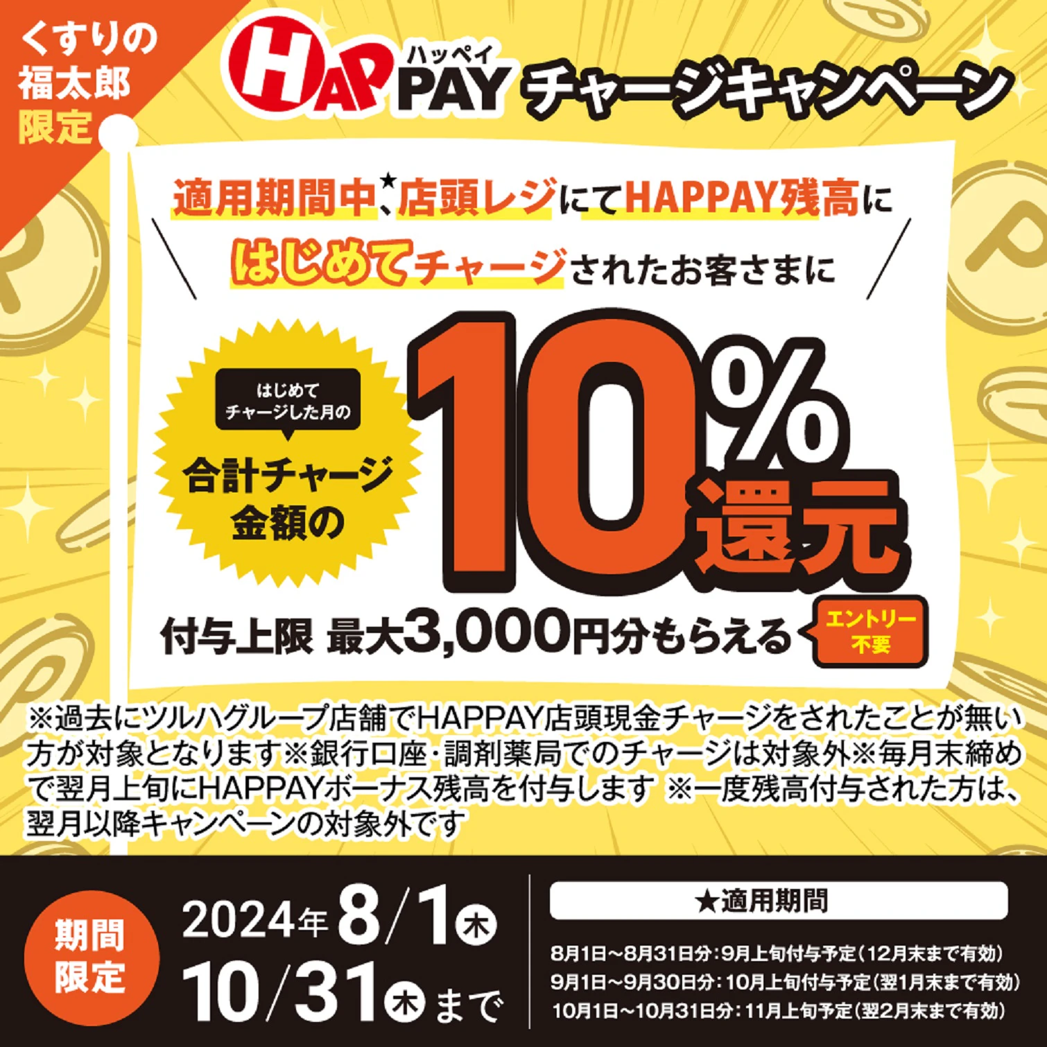 くすりの福太郎限定！はじめての店頭HAPPAYチャージで最大3,000円分のHAPPAYボーナスがもらえる!!　