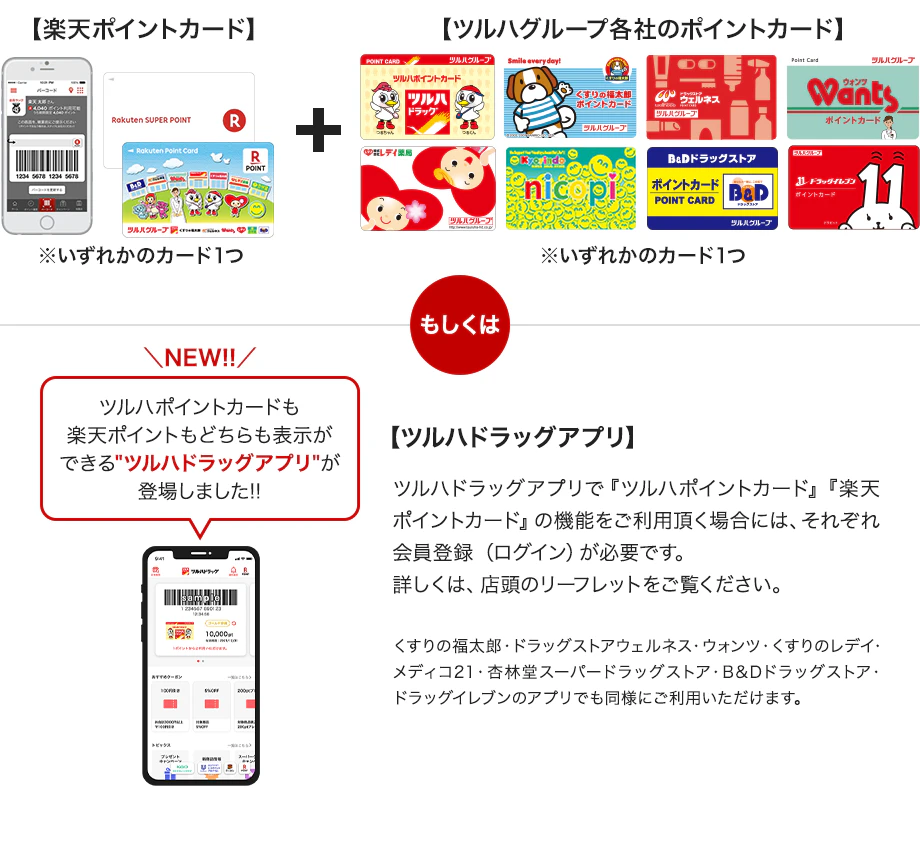 【楽天ポイントカード】+【ツルハグループ各社のポイントカード】もしくは【ツルハドラッグアプリ】