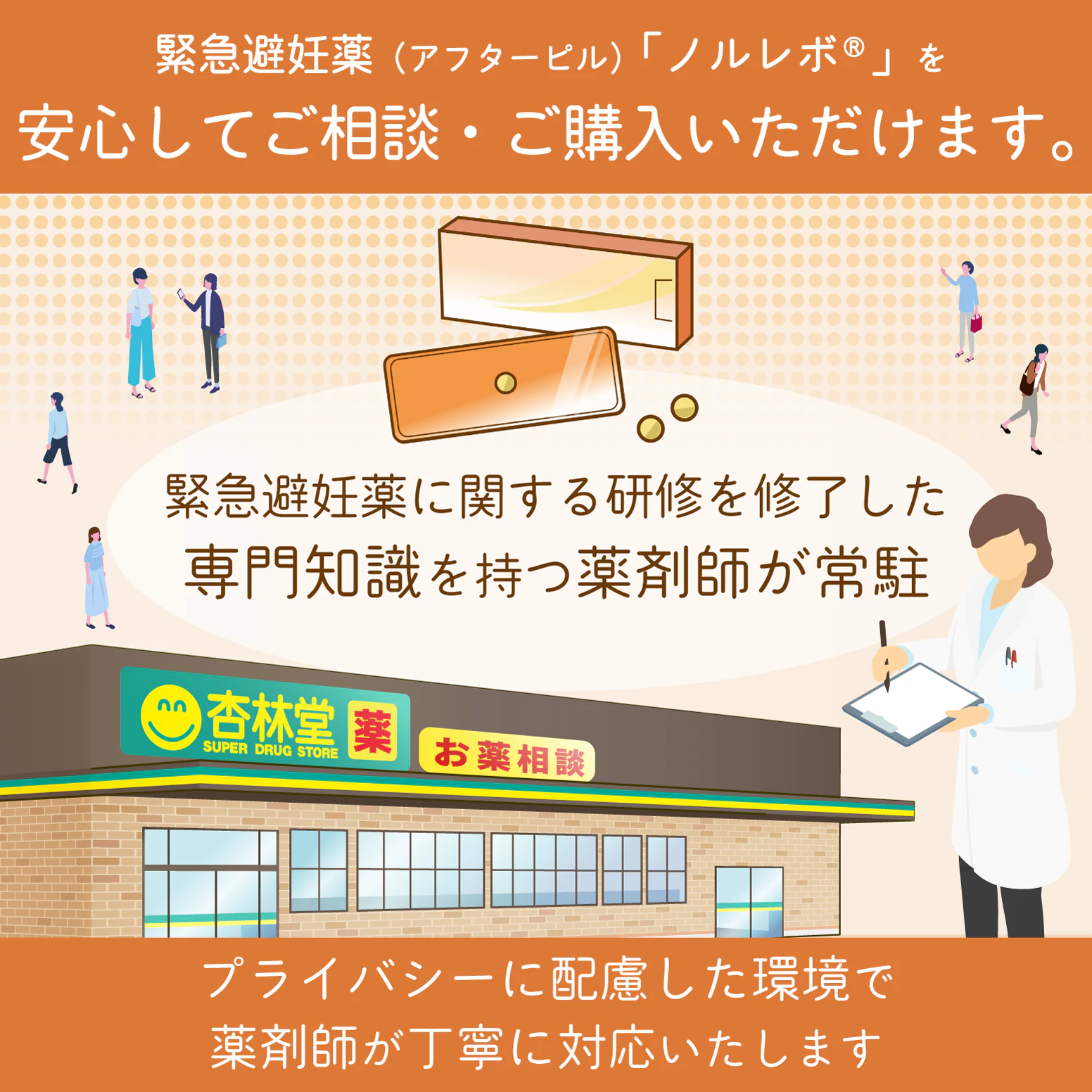 杏林堂薬局では、緊急避妊薬「ノルレボ®」を安心してご相談・ご購入いただけます。緊急避妊薬に関する研修を修了した専門知識を持つ薬剤師が常駐しており、プライバシーに配慮した環境で丁寧に対応いたします。「急なことで不安…」「どうすればいいか分からない…」という方もご安心ください。