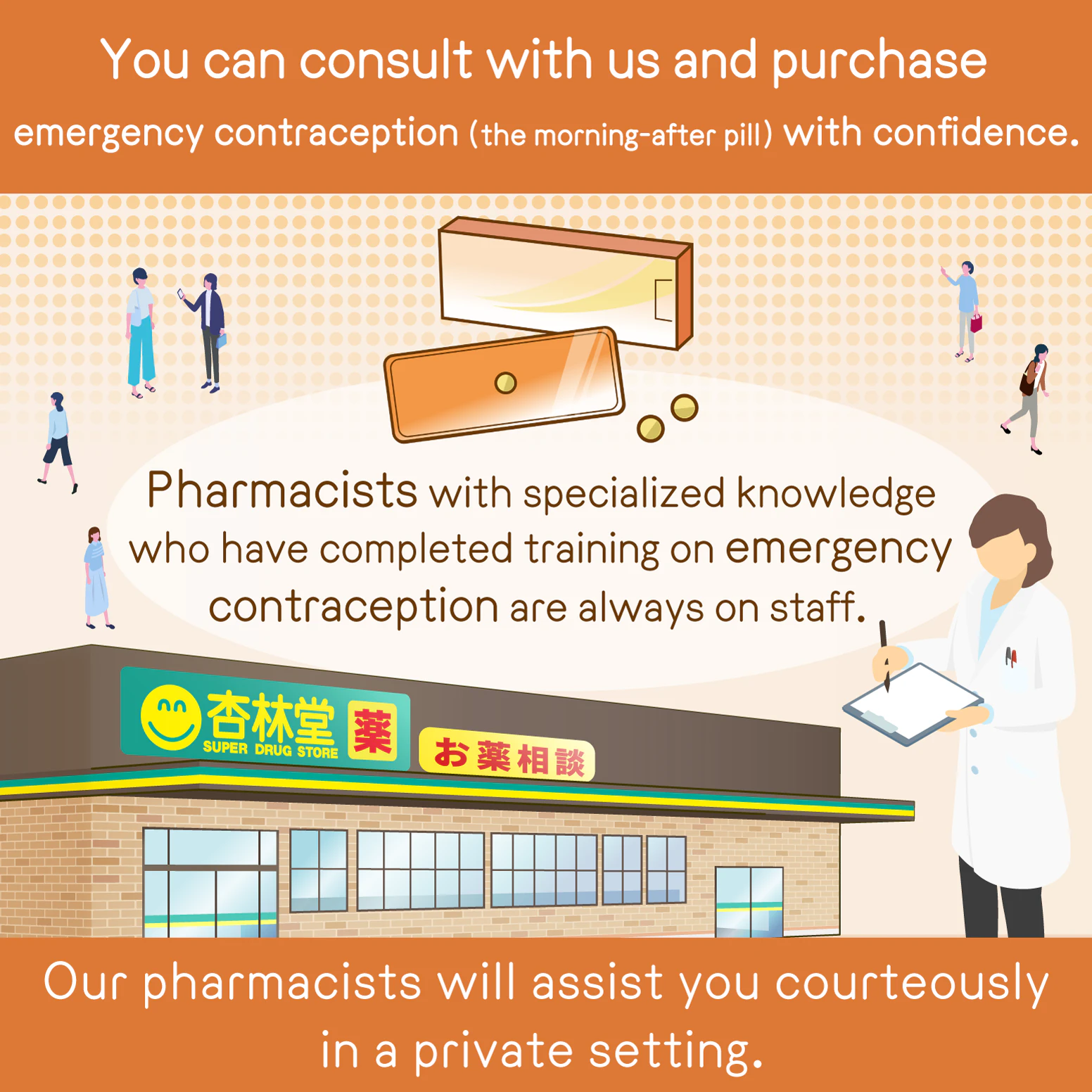 At Kyorindo Pharmacy, you can consult and purchase emergency contraception with peace of mind. We have pharmacists on staff who have completed training on emergency contraception and possess specialized knowledge, and we will provide careful assistance in a private environment.