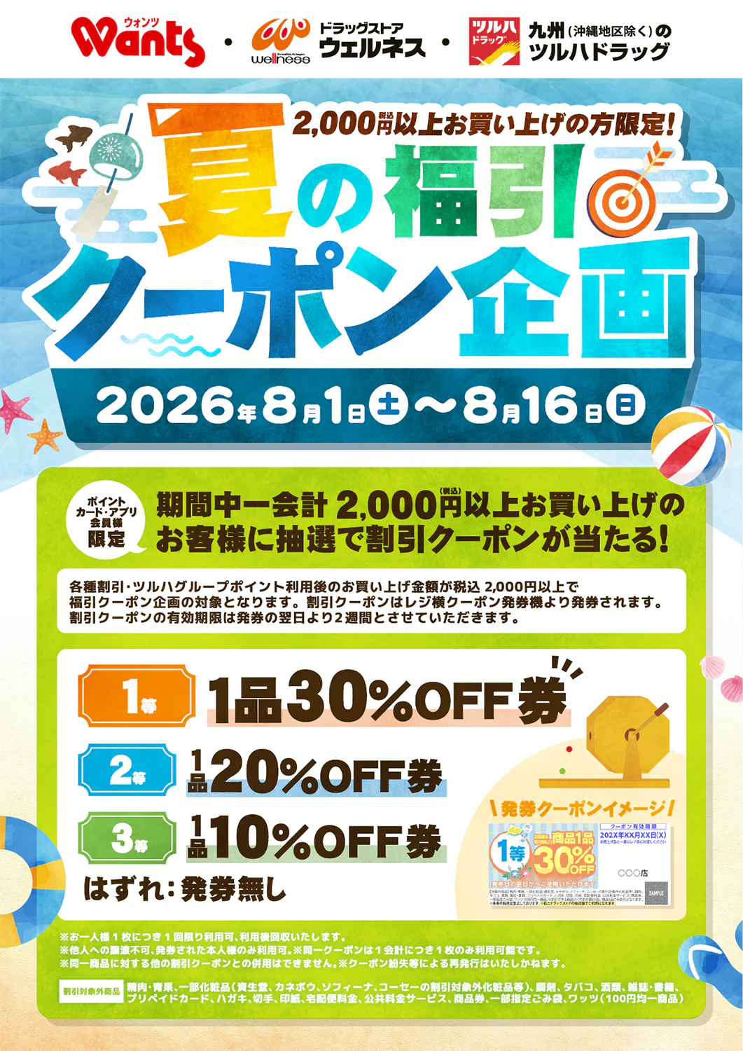 ツルハ ドラッグ☆割引券☆30000円分  1000円×30枚 有効期限7月2日 夏の福引クーポン企画！ | ドラッグストアウォンツ