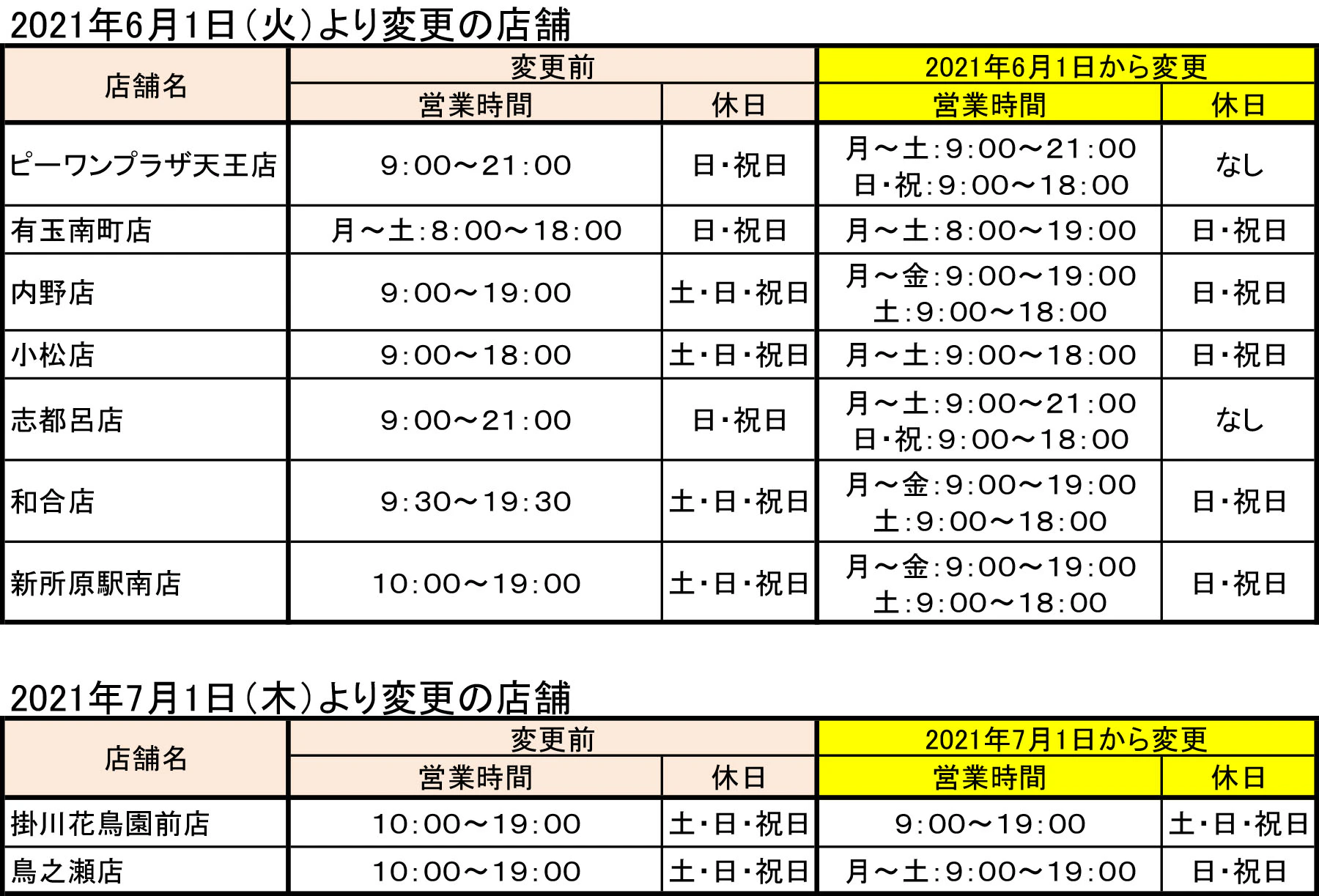 2021/05/17　調剤店舗営業時間変更のお知らせ