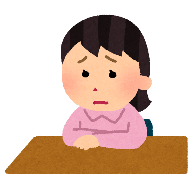 ピンクの服を着た女性のイラストで、テーブルに肘をついて困ったような不安げな表情を浮かべている。眉を八の字にし、口を軽く開けている様子から、次に何をすればよいか迷っている心情を表現したイメージ画像。