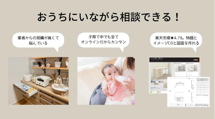 「おうちにいながら相談できる！」という見出し。左から3枚の画像とふきだし。1枚目：木製カウンターキッチン収納写真、ふきだし「業者からの見積が高くて悩んでいる」。2枚目：赤ちゃんに授乳する母親の写真、ふきだし「子育て中でも全てオンラインだからカンタン」。3枚目：洗面化粧台のCG画像と図面資料、ふきだし「楽天市場★4.79。特価とイメージCGと図面を作れる」。