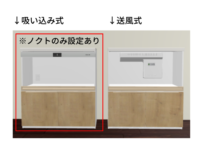 カップボード上部の蒸気排出ユニットを比較する画像。左側「↓吸い込み式」は赤枠で囲われ「※ノクトのみ設定あり」と表示され、上部にスリット状の吸込口とランプが3つ配置されている。右側「↓送風式」は枠なしで、上部中央に排気口とスイッチパネルが設置されている。両方とも木目調の引き戸付き収納キャビネットの上に取り付けられている。