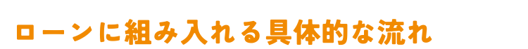 オレンジ色の太字で「ローンに組み入れる具体的な流れ」と書かれた見出し画像。カップボードなどの施主支給品を住宅ローンに組み込むための具体的な手順を説明するセクションの見出しとして使用されている。