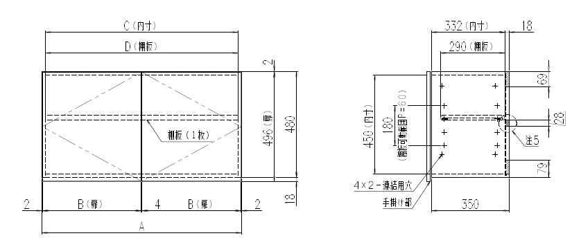 吊戸棚の詳細図面。左図は正面図で、幅寸法はA、B（扉）×2、外側2mmずつ、上部にC（呼寸）とD（棚板）、右側に496（呼寸）480の高さ寸法。内部に棚板（1枚）が破線で示され可動範囲を表す。右図は側面図で、332（呼寸）290（棚板）、18mmの厚み、69・28・79の各寸法、450（呼寸）350、180の棚板可動範囲（P=60）、4×2連結用穴と手掛け部、注5の注記あり。