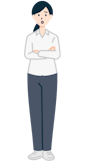 腕を組んだ困り顔のお客さま（女性）の全身