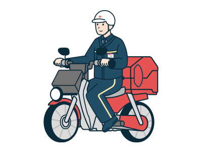 バイクに乗った集配社員（男性）の全身斜め