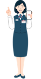 スマホを持ち指差しする窓口社員（女性）の全身