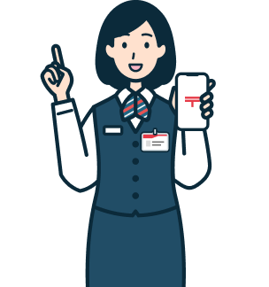 スマホを持ち指差しする窓口社員（女性）