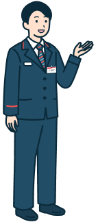 案内する窓口社員（男性）の全身斜め