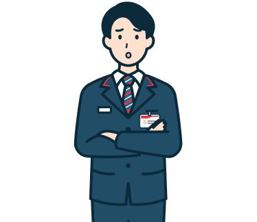 腕を組んだ困り顔の窓口社員（男性）