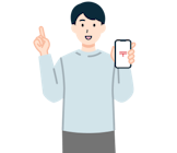 スマホを持ち指差しするお客さま（男性）