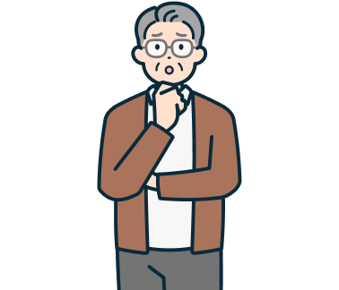 顎に手を当てた困り顔の高齢のお客さま（男性）