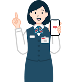 スマホを持ち指差しする窓口社員（女性）