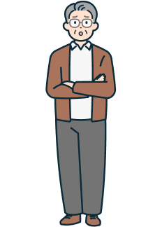 腕を組んだ困り顔の高齢のお客さま（男性）の全身