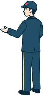 案内する集配社員（男性）の全身背面斜め