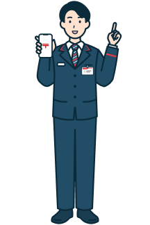 スマホを持ち指差しする窓口社員（男性）の全身2