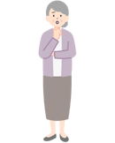 顎に手を当てた困り顔の高齢のお客さま（女性）の全身