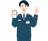 スマホを持ち指差しする窓口社員（男性）2