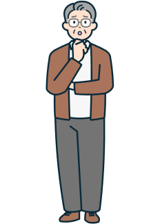 顎に手を当てた困り顔の高齢のお客さま（男性）の全身